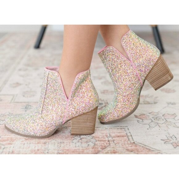 Not Rated Womens Glitter Multicolor Ankle Booties With Chunky Heel & Rubber Sole - Picture 1 of 12